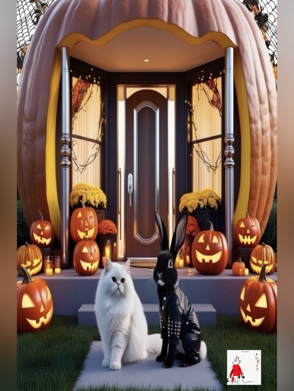 HANDCRAFTED digital art print of a pumpkin house with fur babies in Halloween - Picture 3 of 17